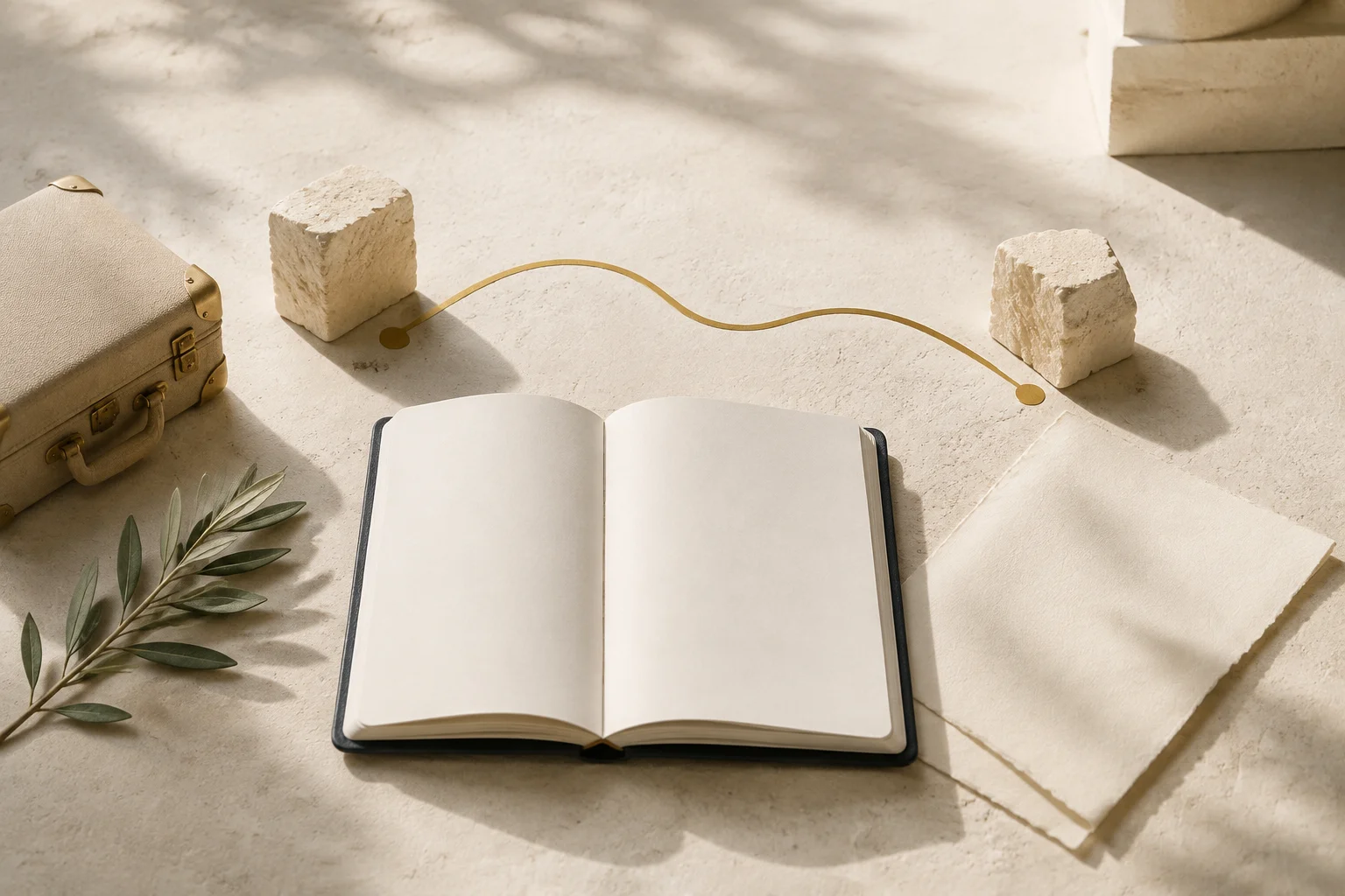 An illustrated travel-planning still life with a notebook and luggage.