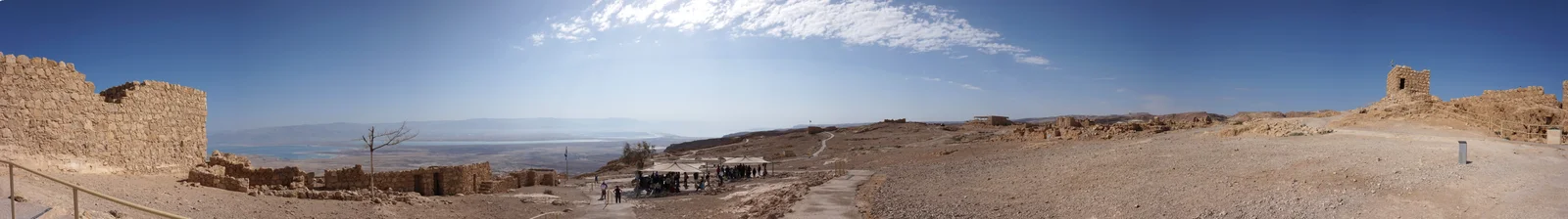 Stone ruins on the Masada plateau with the surrounding desert beyond